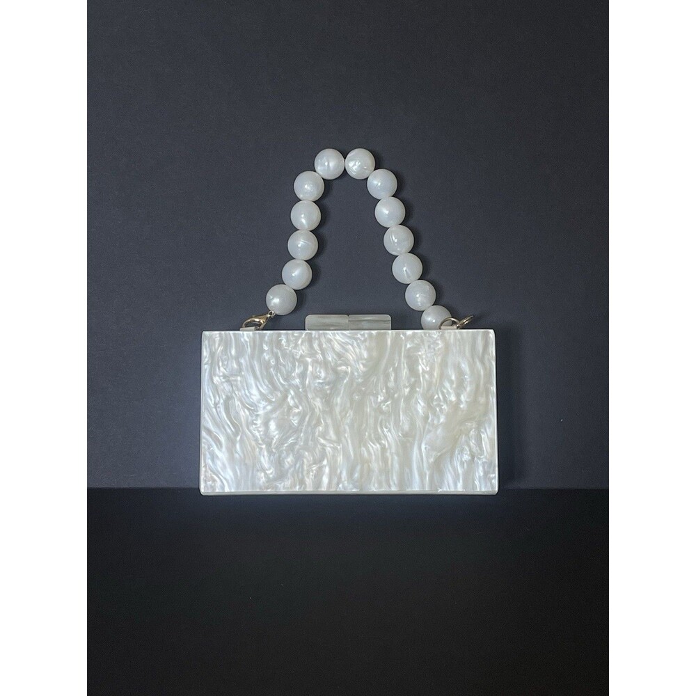 A New Day Women Cream Pearl Beaded Handle Acrylic Hard Shell Box Clutch Bag